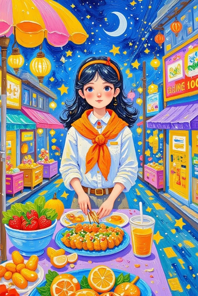 lbsc, Watercolor, watercolor_(medium),Vibrant high-resolution photo of a bustling night market, featuring a cartoon-style young woman behind a street food stall, wearing a crisp white shirt and a vibrant orange scarf. She holds multiple skewers of marinated mouthwatering of metal a Wafting of grilled delights, arranged vegetables a, set against a kaleidoscope of neon lights, billboards, and storefronts. Warm golden light from streetlights and food stalls creates a cozy, inviting atmosphere, capturing the essence of a live urban night market.