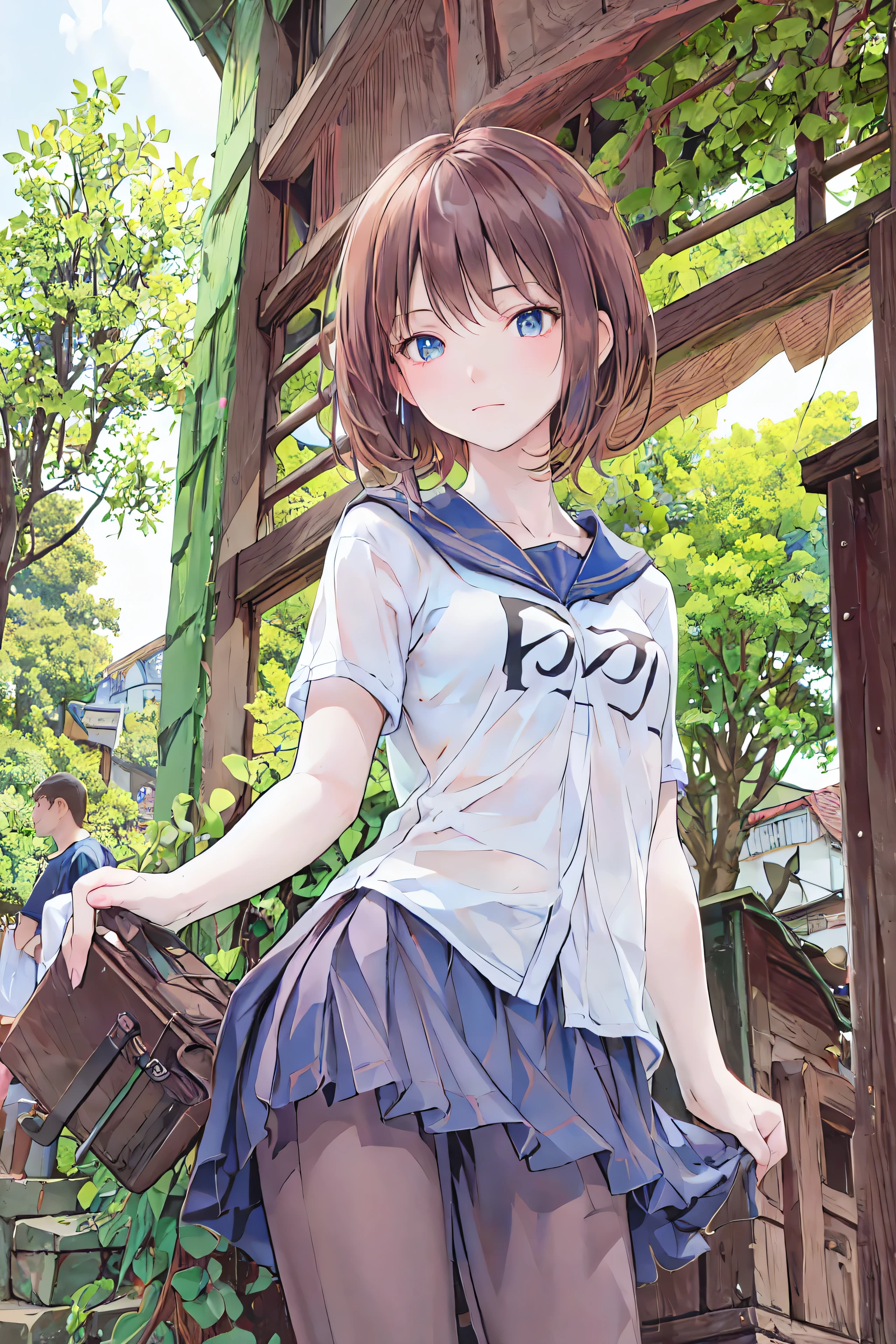 (( masterpiece )), (black clothes), (( top quality)), ( Photos from the past 100 years :1.2), ( high resolution :1.3), ( Take professional photos of each blooming location :1.2), ( color difference), mischievous girl overlaps with the sunset , (()), (Serious), audience , Plain Shirt, Bedhead, curly hair, ( SMALL WAIST PANTS ), ((Take off your work pants)), , ( small breasts), Cute waist, Outdoors , ((Top of the big bell tower)),International Travel,Brown suitcase, The sun shines on a bright summer day , GIRL LOOKING DOWN FROM HILLTOP , Look Around ,Tower of Pisa, Tourist site , ANCIENT CITY ,sunlight ,Highland,holy place,Multiple Churches, brown hair , shortcut , disheveled hair , short braided hair , Neat , slender beauty 、 Positive Attitude , small breasts, beautiful legs with tails , her enchanting grayish blue eyes shine like stars {X} , bright color, Beautiful Eyes ,A delicate smile, Her Enchanting Grayish Blue Eyes Shine Like Stars , top quality, Gentle beautiful woman , Anime Style、(( from below:1.2)),
