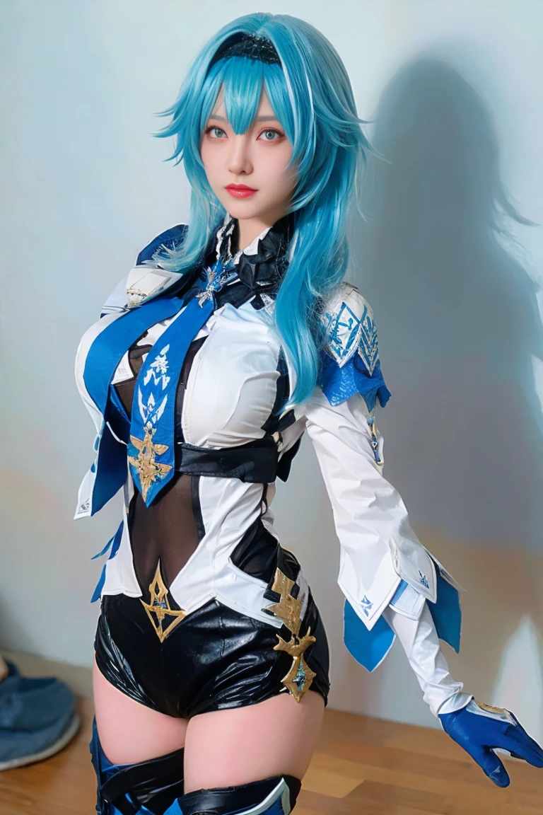DLDL water ice tray, 1 girl, alone, blue hair, blue eyes,skirt,Single thigh high,thigh strap,long sleeves,Clothes tailoring, Capulet, Gloves, looking at the audience, city View, night, sensual female, hands on hips, Big breasts,big breasts,Show breasts,exposing her chest
