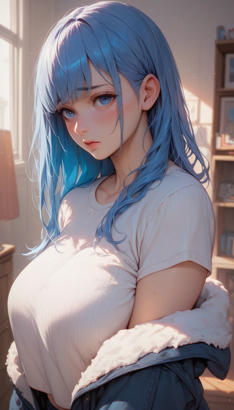 (tmasterpiece, The best_quality, ultra - detailed, 8K, hyper HD, flawless perfection:1.latin blue hair, blue hairs,cat woman,, Cat ears, glowing pink eyes, the shy, Compliant, face flushed, Wet oily skin, on top of the bed, bigger胸老婆, heart tattoo above, , bigger腿粗, Beautiful hip curve, 巨bigger, thicc, skin tight, scantily clad, Lace, collars, face to the viewer, janelas, Bedrooms, midynight, sexy for,,Japan goddess, Cardigan shirt, Korean girls, 美丽的asiagirl, V-shaped bust clothes, low chest,巨bigger,Expose the upper half of the chest,not compact,下垂的bigger胸,gorgeous chinese models, gorgeous young korean woman, model in Japan, Thick lips,duck mouth,asiagirl, beautiful young korean woman, in blouse wearing, beautiful Korean women, 坐on top of the bed, watching the future,巨bigger,bigger,Upp,frontal photos,super closeup,facing at the camera,Take photos carefully