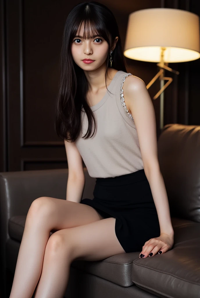 16K，Ultra HD，Top quality，Extreme image detail，The real situation，Textured Skin，Chinese Shandong beauty model，Highlights extremely exaggerated feminine and toned body features、muscular，tall，Elongated face:1.3，，whole body，，Sexy belly，Well-developed buttocks and lower limbs，Sitting on the sofa with legs spread，，Black high-fork tong，Black silk knee socks，