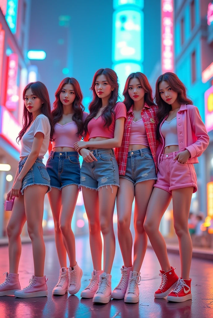 ((We have 4:1.8))、(4 sisters)、gal、(neon street)、(Four tall high school girls with model figures:1.7)、(Standing facing this), (best quality,4k,8k,highres,masterpiece:1.2),ultra-detailed,(realistic,photorealistic,photo-realistic:1.37),portraits,[close up],[women],[group],[short skirts],A close up of a group of women in short skirts, beautiful detailed eyes,beautiful detailed lips,extremely detailed faces,gorgeous makeup,stylish hairstyles,fashionable outfits,sassy poses,confident expressions,city backdrop,vibrant colors,soft lighting,colorful bokeh. ultra-high-quality. ultra detail.
