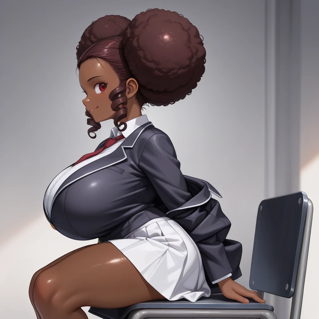 (masterpiece, best quality, hires, high resolution:1.2), (beautiful, aesthetic, perfect, delicate, intricate:1.2), (depth of field:1.2), (1girl, solo), (dark-skinned, dark skin, black skin, ebony:1.4), (sexy teacher), (eyeliner, eyelashes, eyeshadow, glossy lips), (afro hair:1.4), (big breasts, cleavage), (ornate delicate bra), (choker), (white shirt), (pencil skirt), (multiple belts:1.4), (lace stockings), (at computer laboratory), blackboard, (cowboy shot:1.4) , (spread legs 1:4 ), (horny face :1.4)