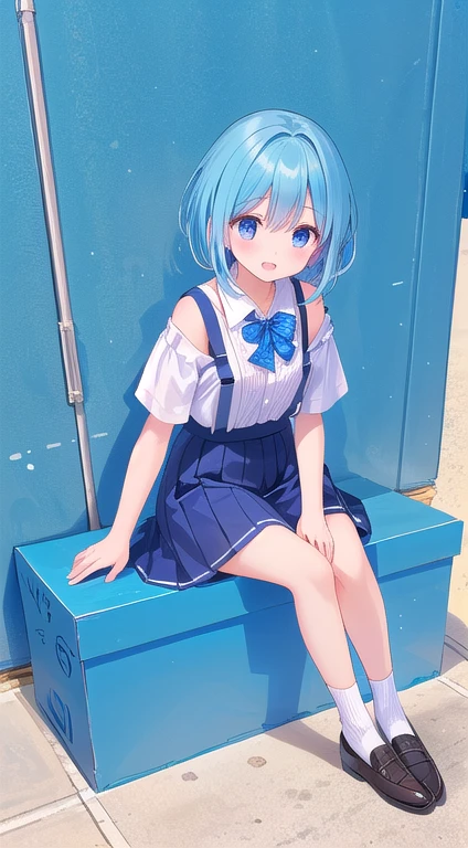 A litle girl blue ice hair color bobcut hairstyle 10 years old girl wearing blue sailor longs hand  white color skirt fully smile showing teeth face ekspression her pony hiding her right eye full body from head to feet view background playground park where swings and slides behind him