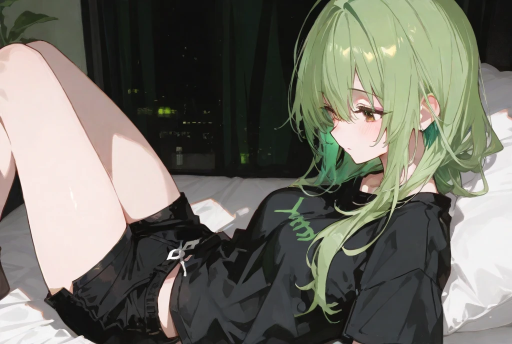 {Moist feather(hololive)}, 1girl in, Short hair, Double bun, {Emerald green hair}, {{Red Eyes}}、masterpiece、top-quality、very flat chest, very flat chest、小柄、Many piercings in the ears{hatred}、grimacing、demon king、{full body Esbian}、sitting on a leather chair、Aura of Darkness、Very short black denim hot pants、white tank tops、very thin tank top、inside in room、Blue-winged butterfly、watching at viewers、has a cigarette in one hand、Smoke is wafting from a cigarette、