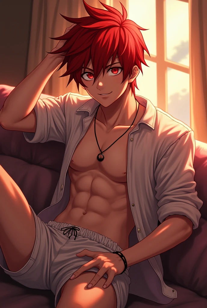 rinne amagi, rinne, blue eyes, red hair, mullet hair, smirk, 1boy, solo, on bed, bedroom, abs, shirtless, yaoi, half naked, gray sweatpants,