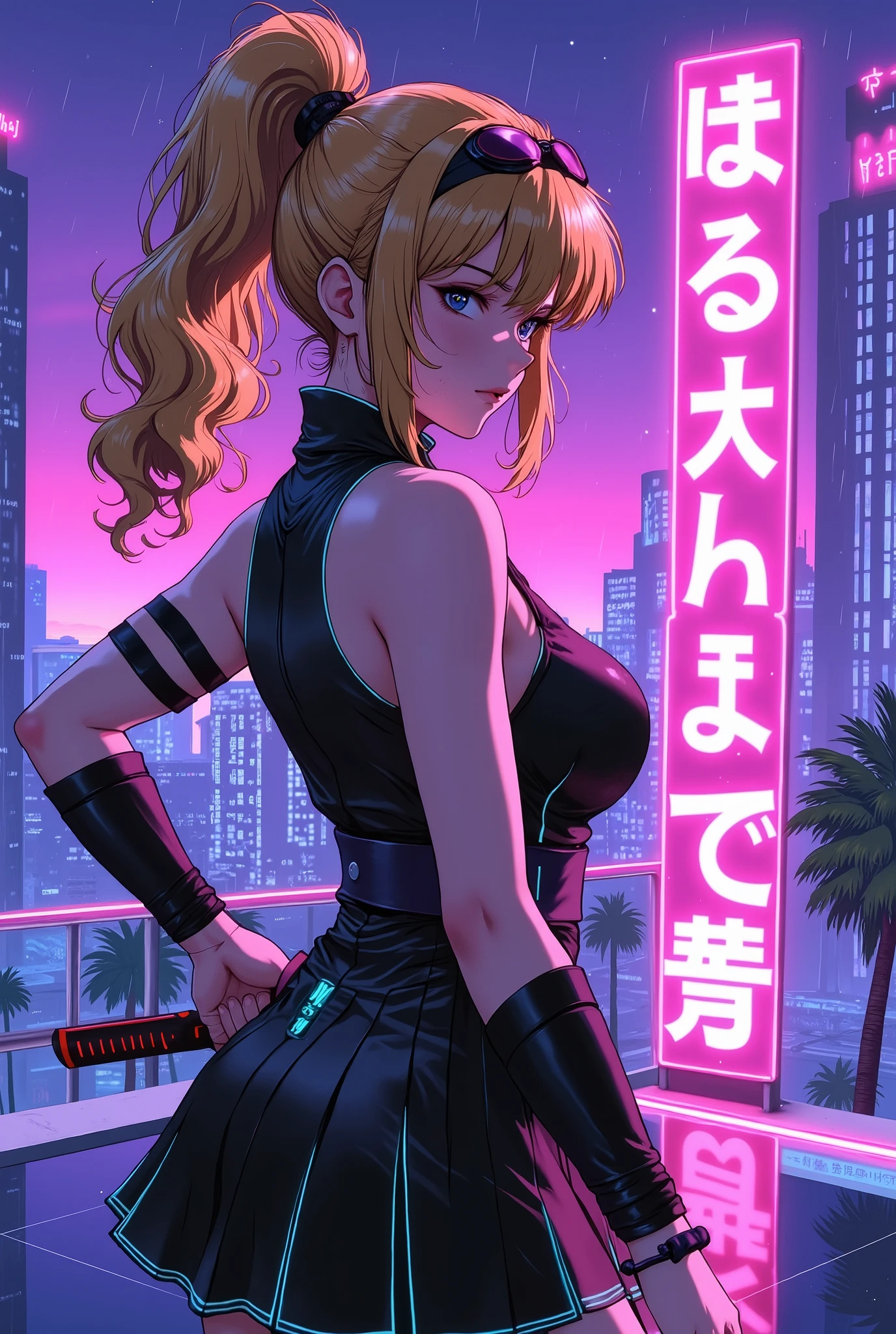 A female cyber ninja, She is holding a sword. Combat stance on a rooftop at night, overlooking a neon-lit cityscape inspired by 1980s retro-futurism. She wears a sleek black ninja costume with glowing blue lines, holding a katana with a digital blade. Behind her, holographic kanji signs glow in pink and purple, some mistranslated, evoking a vaporwave aesthetic. The skyline is filled with towering buildings, palm trees, and a shimmering purple sky with stars. Light rain creates reflections on the rooftop surface. Cinematic, moody, VHS-style filter, wide-angle shot.,Miniskirt, sleeveless、genryusai maki,modernretroanime.action,,Blonde hair,Profile
Anime,