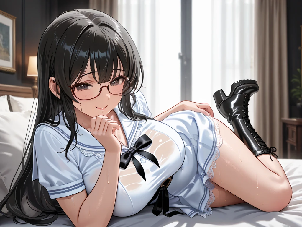 (8K、top-quality、masterpiece:1.2)、(realisitic、ultra-detailliert、超A high resolution,lying bed,squtting,bend knees,spread legs,28years,beautifull detailed face,perfect body,((nighttime)),perfect lighting,Constriction、(Slim waist :1.3)、Beautiful detailed skin、Skin Texture、Floating hair,((see through:1.5,cleavage)),in full face blush,((dramatic angle)),(((embarrassed, nose blush:1.3) ,(wet:1.0),(trembling:0.9), ,(drooling:0.6),(sweat:1.1),(frastrated:1.2),(seductive smile:1.3),moaning:1.0,ecstary:0.8,1giri and 1boy are having sex:1.5,boy behind girl:1.5,reverse cowgirl:1.4,vagingl penis:1.0,detailed vagina,detailed penis,pussy in cum,cum facial,cum to body,spoken heart:1.3,in classroom,teacher uniform:1.2,spread pussy,vulgarity,netorare:1.5,glasses,long black hair