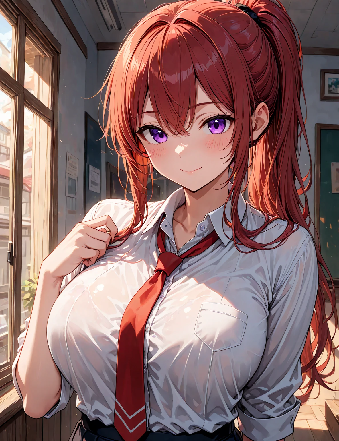 Makima, beautiful girl, 1 braid hair, ((only 1 braid of hair at the back)), red hair, , nakeim, tall, sexy, larbreasts, bigs, big boody, upper body,  smile, big boobs, big breasts, large breasts, e