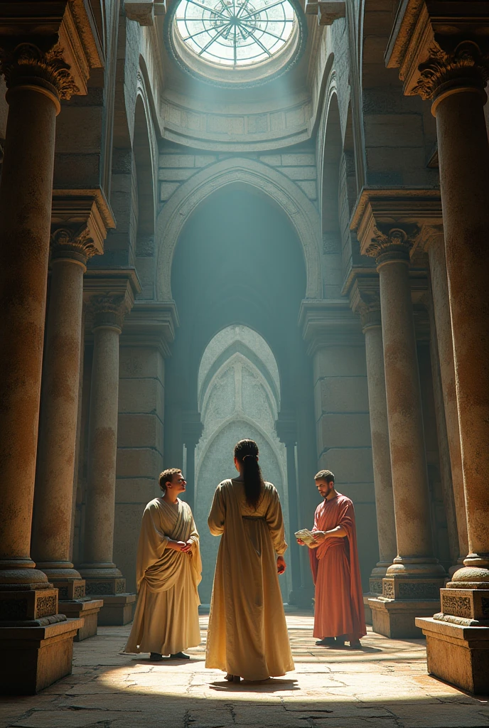 stage:** The background is adorned with worn columns, while modern props (like LED screens) contrast with the classic story being told.  
