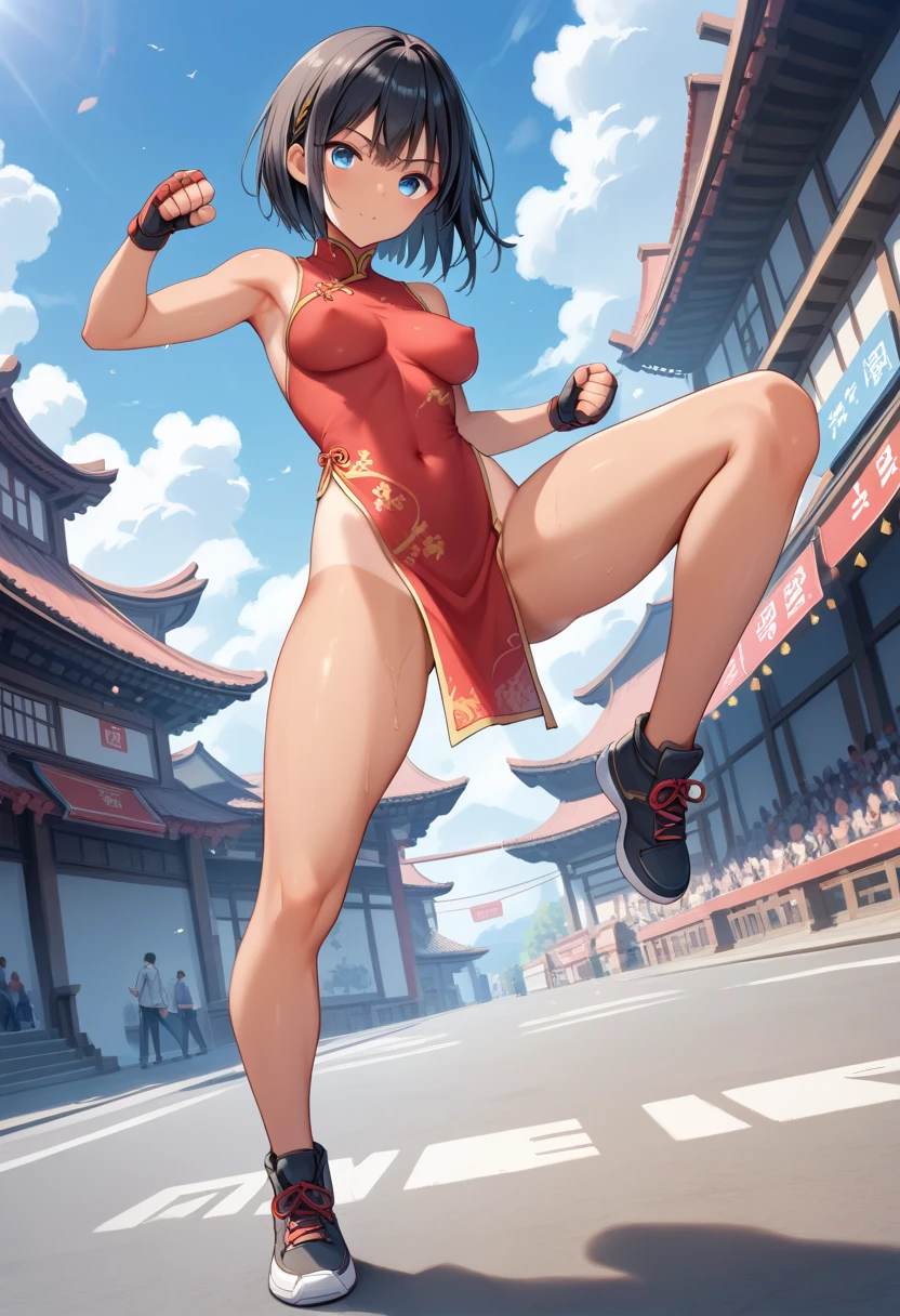 Blue Chinese Dress, Black Hair, Bun Head, Kung Fu Action, Chinatown, 