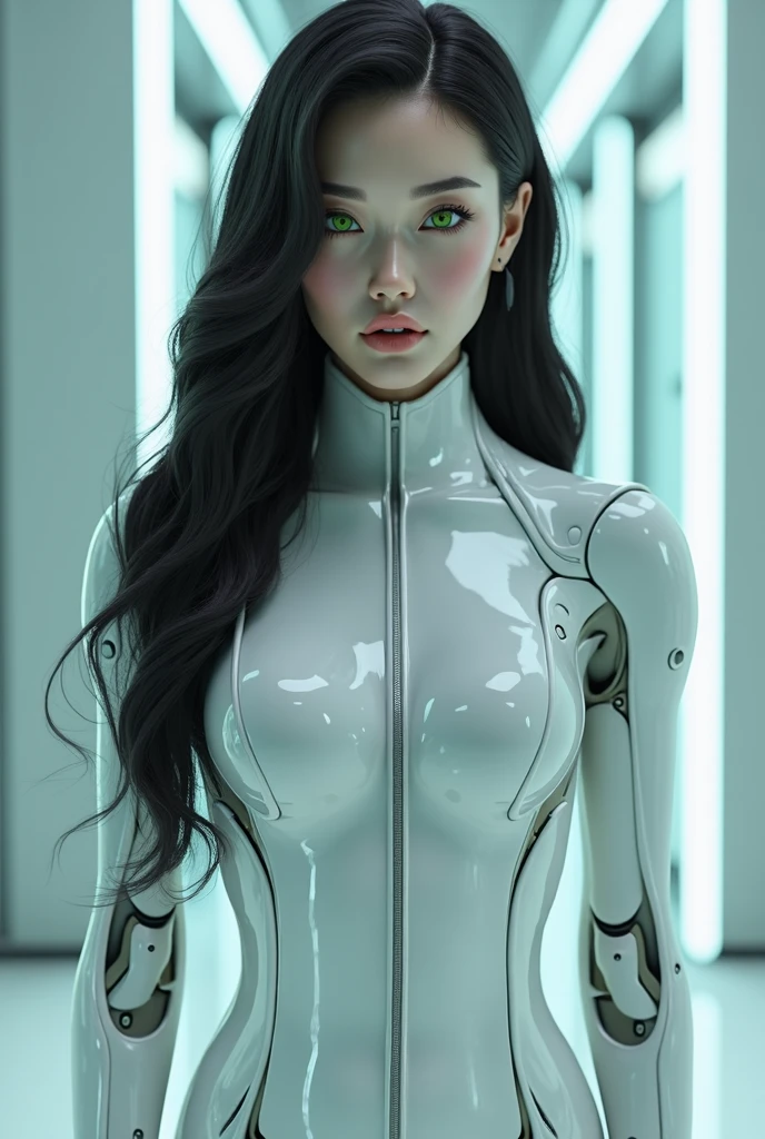 beautiful, gorgeous asian female android, wearing white ????????, standing straight, long black hair, bright green eyes, detailed facial features, masterpiece, photorealistic, 8k, ultra-detailed, physically-based rendering, dynamic lighting, elegant, serene, futuristic sci-fi environment, advanced technology, glowing neon accents, cinematic composition
