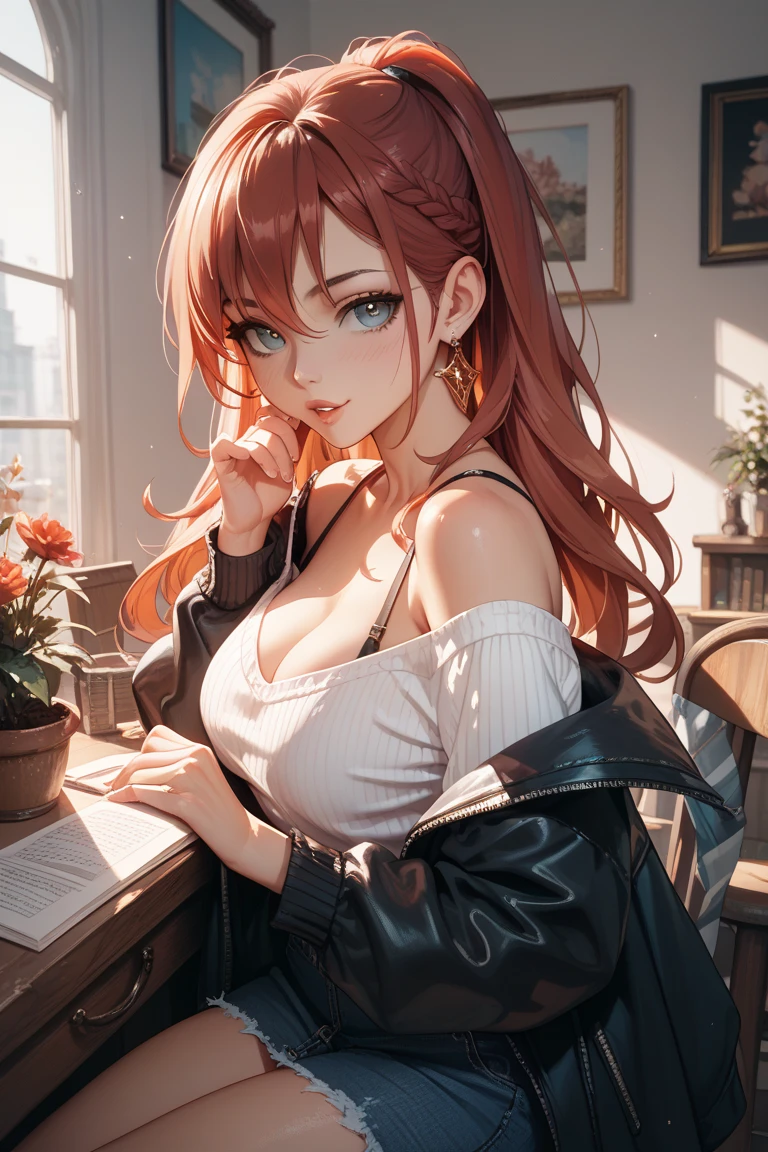(masterpiece best quality), solo, 1girl, thick lips, pink eyes, ginger hair, tan, money tuck, bedroom, window, scoop neck, half up half down hair, hair ornament, large breasts, jewelry, plant, detailed illustration, restaurant, sitting at table, hoodie, cleavage (BEAUTIFUL WOMAN) (PINK EYES)