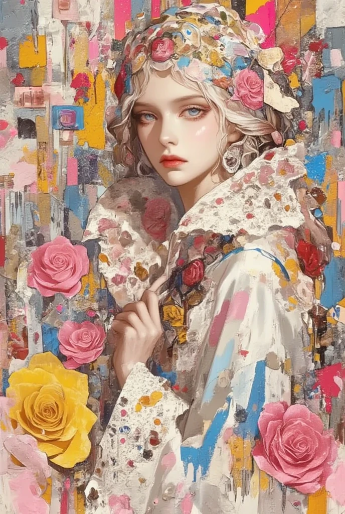 (Masterpiece,Highest quality,32k,Ultra-high resolution),1 girl,Retro Collage Revolution,Women's Fashion Magazine, Cutout,　Vintage Material,　(colorful),　７０America, vaporwave, neon aesthetic