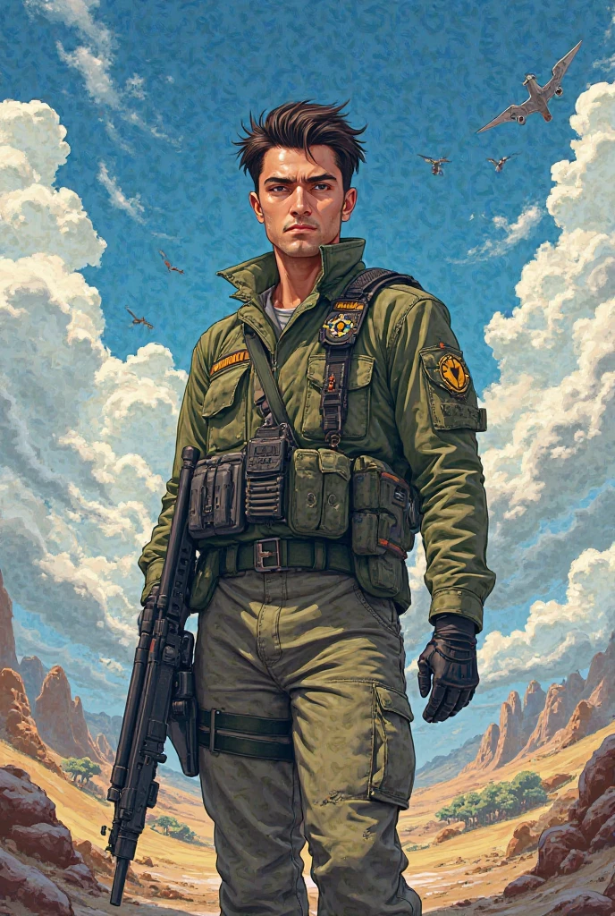 I want a picture of a  with a picture of a soldier with the name NOUR-EDDINE ESSEBAIY. This is all anime style and the name should be well clear