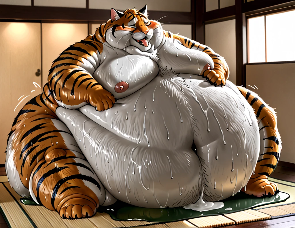 Tigress, kung fu panda, female, default clothes, horny, very fat, (wide hips: 1.3), huge, thick and soft thighs, SSBBW, very fat flabby arms, realistic lighting, High detail, HD quality, Detailed face, shading realistic, fat rolls, massive size, gigantic huge breasts overflowing with fat, massive cleavage, heavy weight, plussize, everything is fat, soft texture, big beautiful eyes, semi-realistic, Dynamic angle, nude,huge pussy,huge nipple,inflatable skin,inflatable body,pooltoy