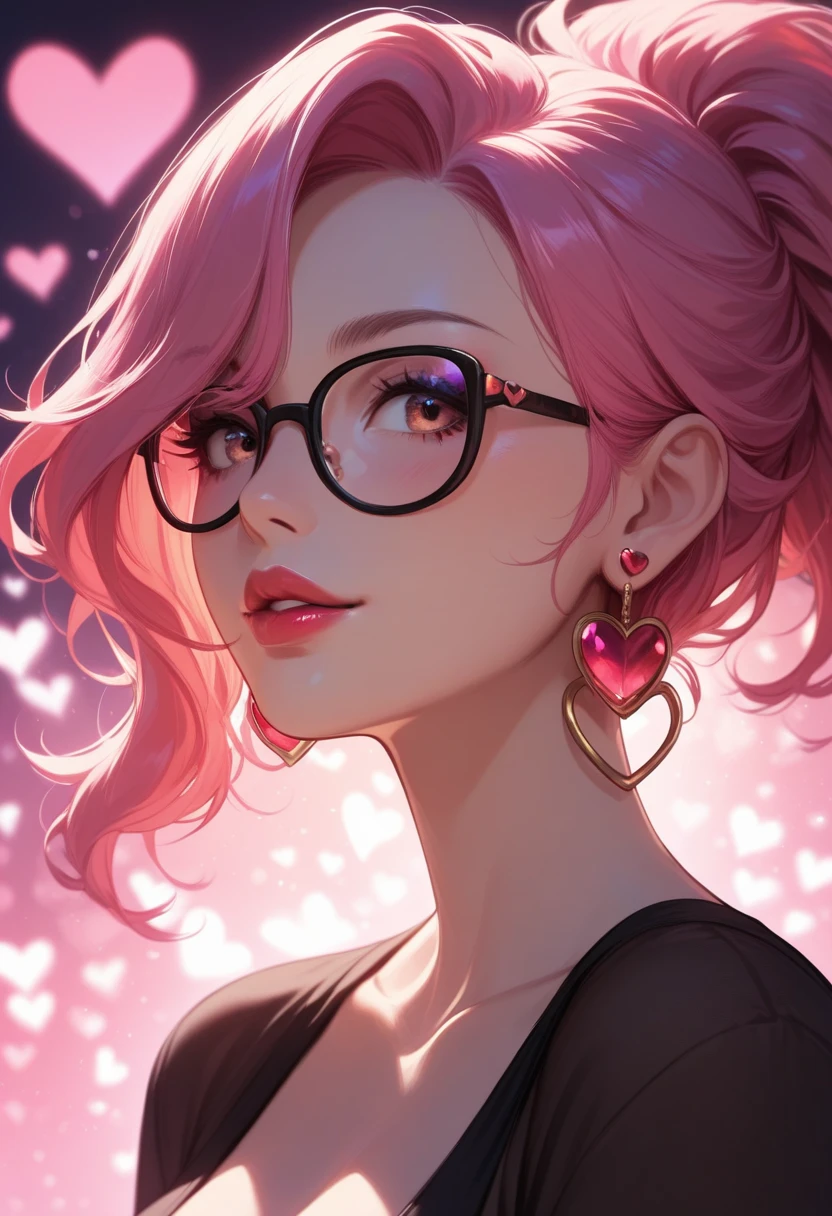 1girl, solo, glasses, jewelry, earrings, heart, pink_hair, brown_eyes, upper_body, lipstick, heart_background, red_lips, heart_earrings, black-framed_eyewear