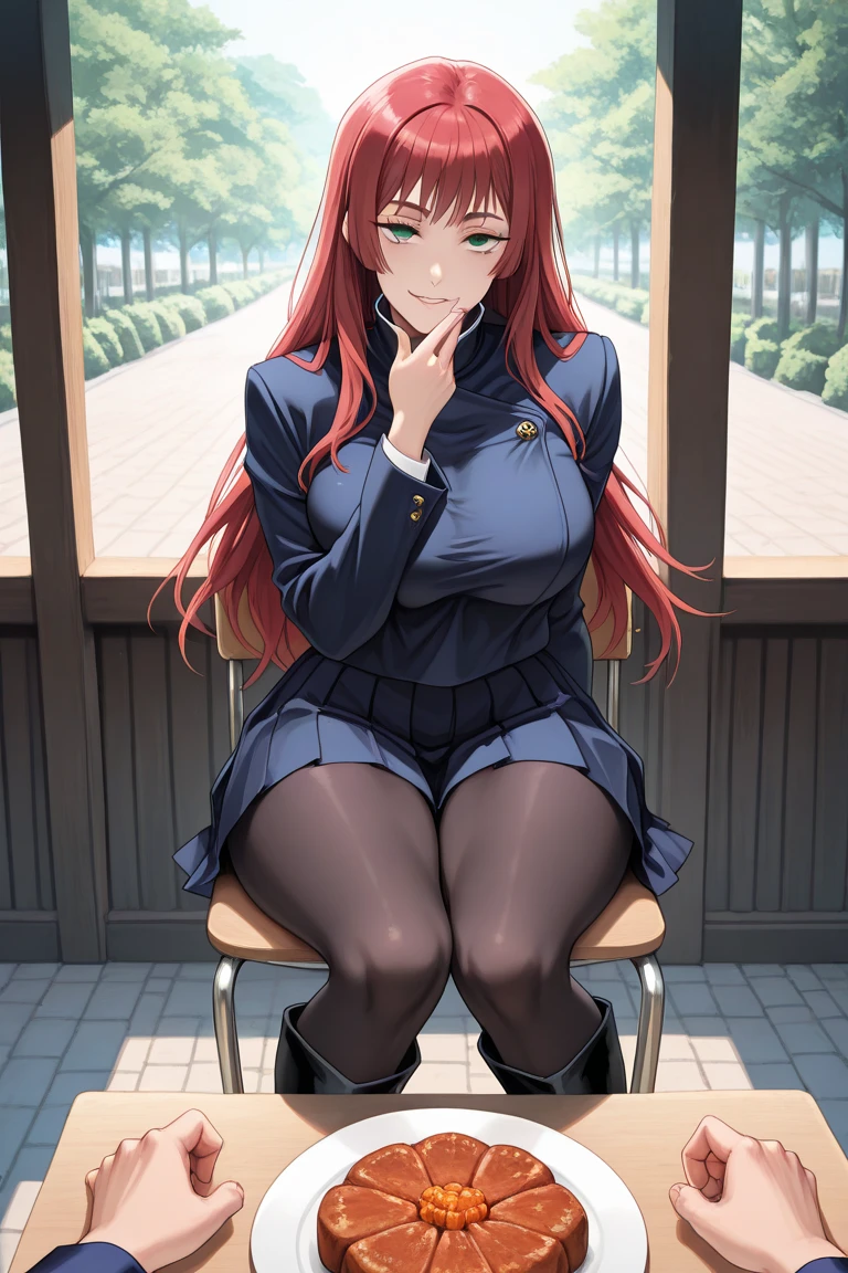 ((masterpiece, best quality, ultra-detailed)), highres, beautiful angry business woman looking at viewer frustrated, black business suit, black midi pencil skirt, long pencil skirt, white blouse, heels, full body, large bust, wavy crimson hair, summer, backyard, sitting by pool, water, fence