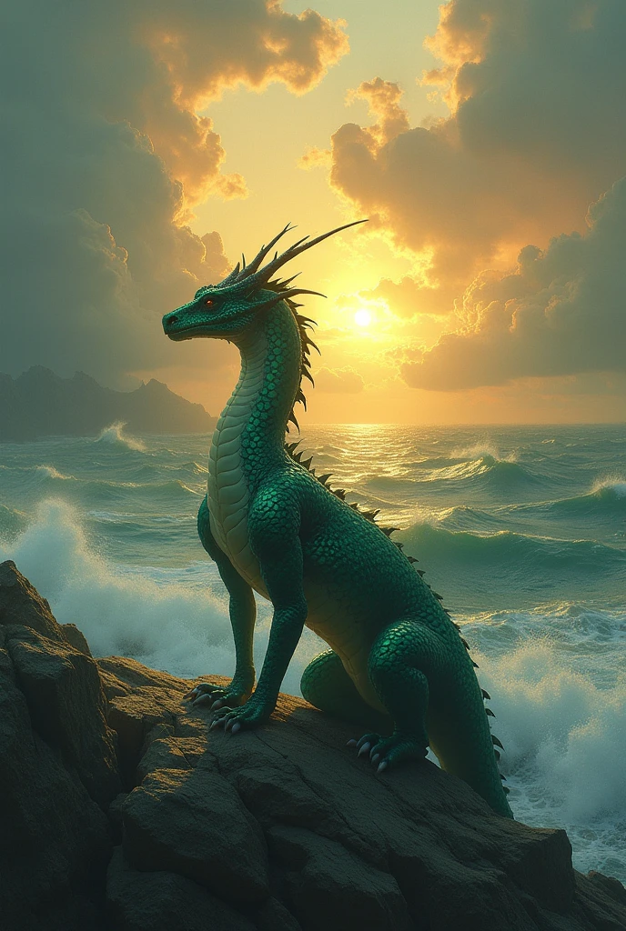 The dragon watched the golden light shine in the sea amidst the storm.