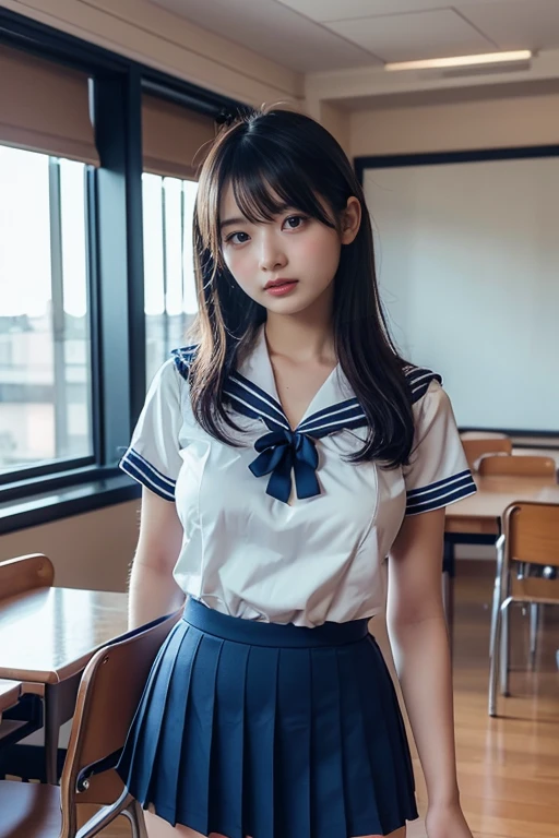(masutepiece, Best Quality:1.2), 8K, Official art, Raw photo, unbelievable Ridiculous, (Upper body, (Sailor Uniform), serafuku, Sitting:1.4), Beautiful Girl, Idol face, arching back down, Pleated skirt, large full breasts:1.8, thighs thighs thighs thighs, Stockings、 close up, (School uniform, cleavage), Short sleeve, gardenia, violaceaess, classroom school, Looking at Viewer, No makeup, Film grain, chromatic abberation, Sharp Focus, face lights, Dynamic lighting, Cinematic lighting, Detailed face, Bokeh background, (Dark red bow tie:1.3)