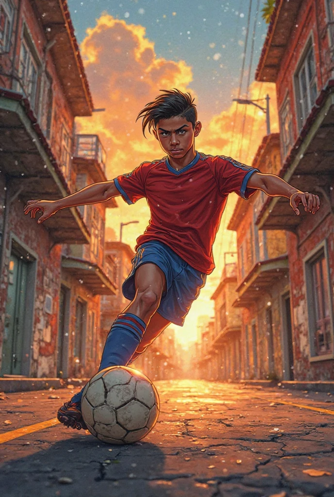 Anime-style Cristiano Ronaldo as a young boy kicking a worn-out football in the streets, sunset background, nostalgic tone