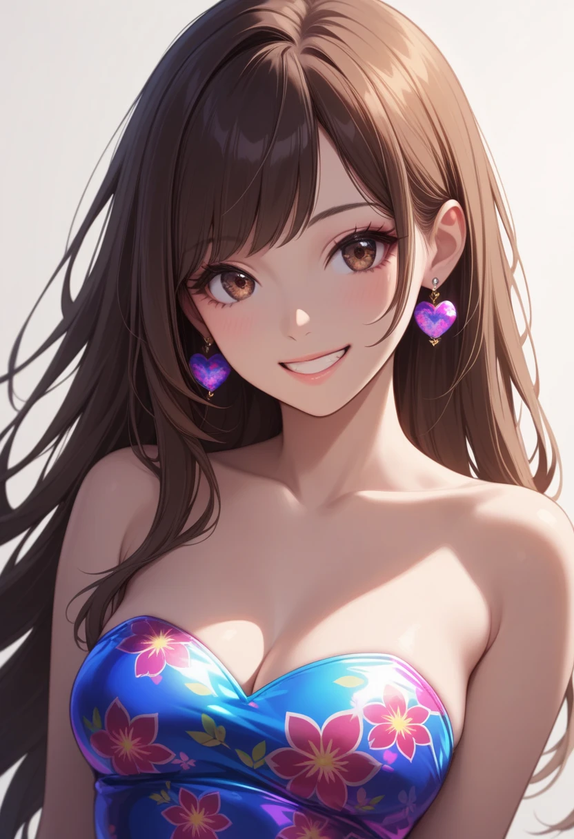 1girl, b, smile, jewelry, earrings, solo, heart, heart_print, looking_at_viewer, asian, white_background, brown_eyes, k-pop, brown_hair, long_hair, grin, simple_background, microdress, disco dress, flower dress, bare shoulders, floral print, cute face, 