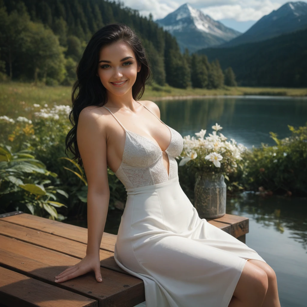 ((Ultra-realistic detail.) (Masterpiece, Top Quality, Best Quality, Official Art, Beauty and Aesthetics: 1.2), Very Detailed, Colorful, Most Detailed. imagine me as a very busty supermodel, with long dark black, flowing hair, wearing a elegant very generous dress, sitting at Starnberger see, with the swiss Alps in the background, smiling, seductive posing,