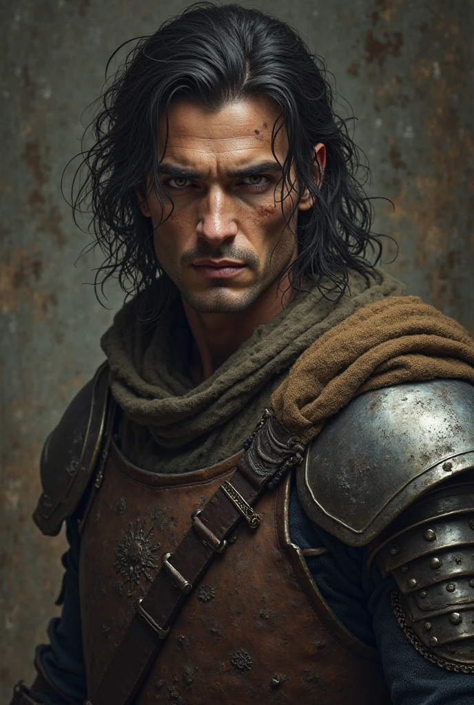 former knight turned cynical rogue, the guide has a striking yet weathered appearance. His sharp, chiseled jawline and high cheekbones betray a past of nobility, but his deep-set, hazel eyes carry the weight of years spent in the darkness. His dark, unkempt hair falls in loose waves around his shoulders, often held back by a worn leather band. His physique is muscular, though lean and scarred, reflecting both his knightly training and his hard life of crime. Despite his hardened exterior, there's an undeniable magnetism about him, an intensity that draws others in, even if his sharp wit and jaded demeanor keep them at a distance.