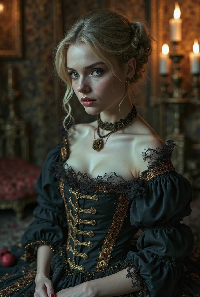 Mia Wasikowska vampire wearing half-torn 1500 nobility clothes 