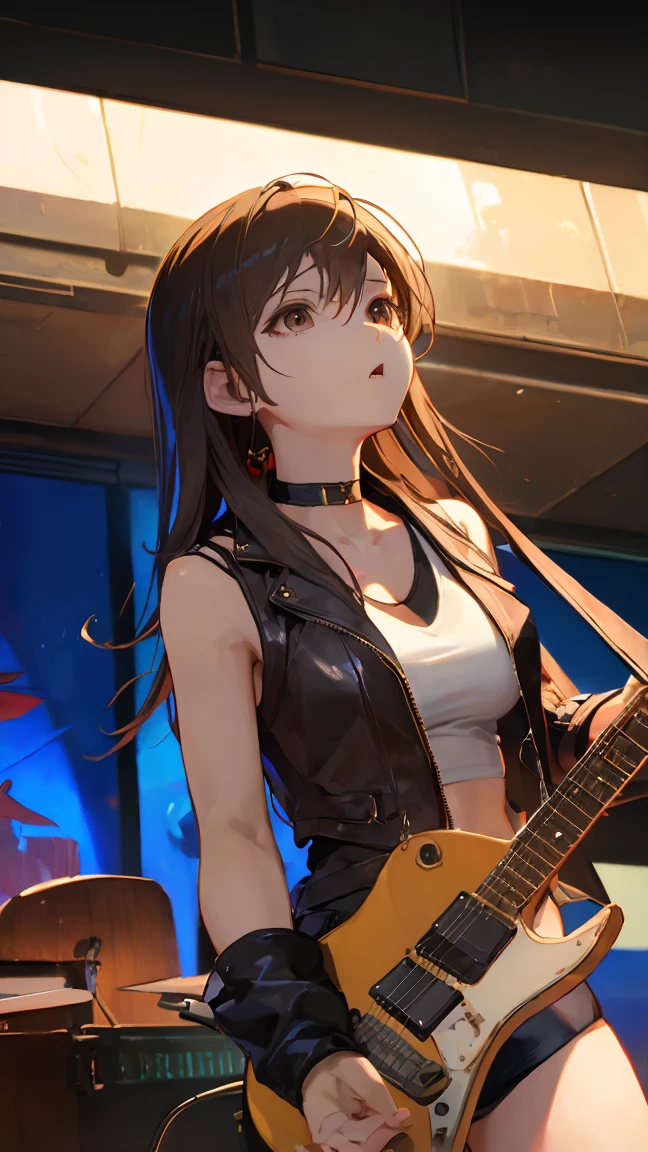 A beautiful adult woman with long, shoulder-length hair, big breasts, beautiful legs, and a sharp face is wearing a black tube top that exposes her navel and hot pants shaped like black panties, with her legs spread, holding a microphone and singing on stage. standing on。Women in casual clothes are surrounding them and cheering on the beautiful woman.。