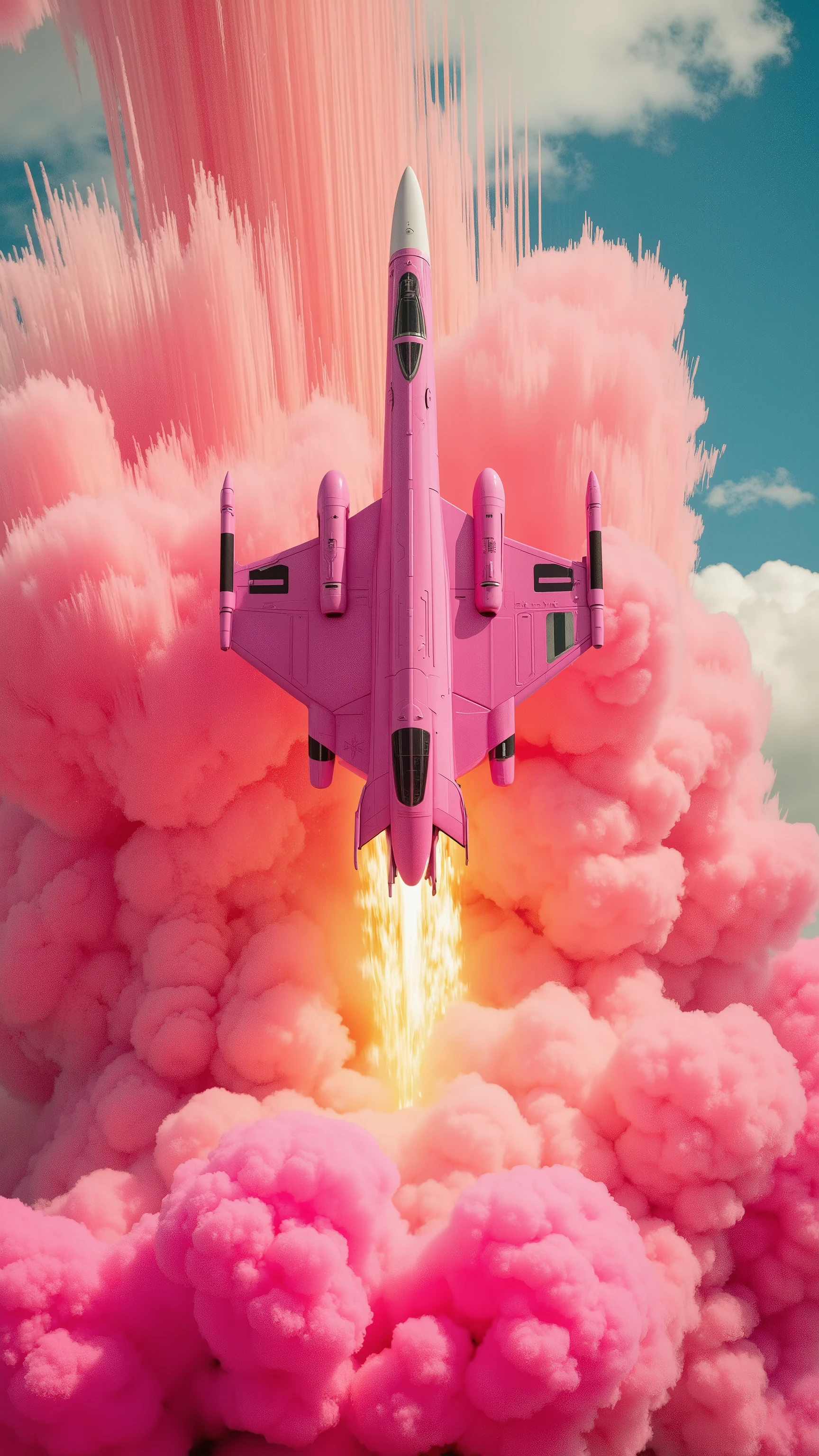 A nostalgic, retro cyber-kamikaze plane painted pink explodes!
The intense shockwave distorts space-time.