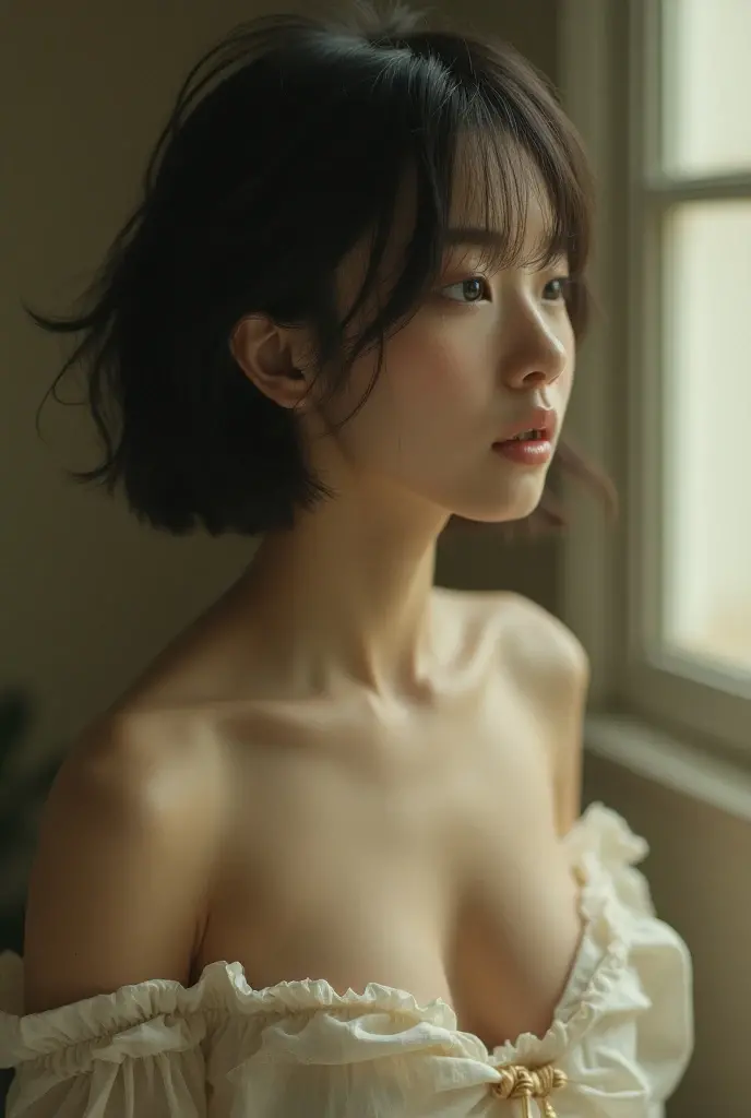 (a beautiful naked woman, indonesian), extremely detailed face and body, flawless skin, (best quality,4k,8k,highres,masterpiece:1.2),ultra-detailed,(realistic,photorealistic,photo-realistic:1.37),detailed facial features, piercing eyes, full lips, slender figure, (thin droopy breast:1.2), sensual pose, natural lighting, warm color palette, cinematic composition, dark and light background, photon mapping