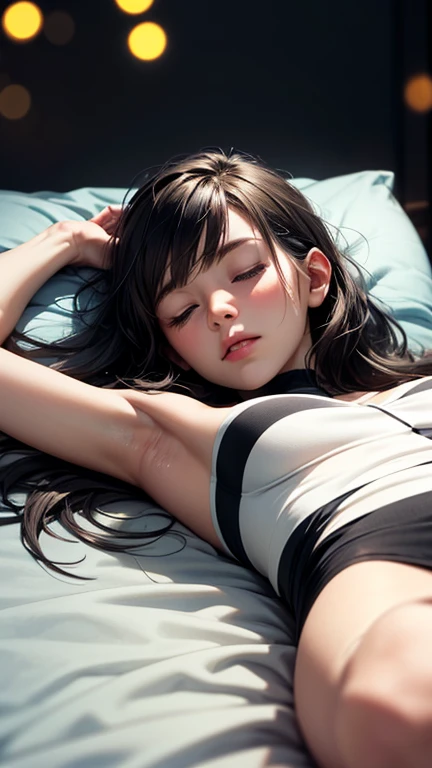 Create a high-quality, detailed image of a beautiful anime gamer girl with tattoos, long hair, sitting at her gaming PC in her bedroom. She is wearing a see-through tank top, barely showing her nipples, her panties and midriff, highlighting her stunning curves. The warm, inviting scene includes soft ambient lighting and comfortable seating. The bedroom is illuminated by a small lamp, creating a serene and intimate atmosphere. Ensure the room has cozy elements like a bed with plush pillows and blankets, posters on the walls, and a few gaming accessories scattered around to enhance the ambiance.