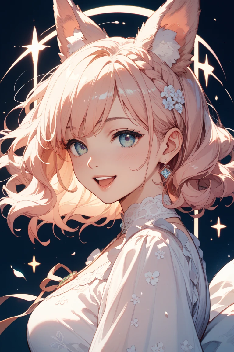 An atmosphere where you can feel the、laughing。pale pastel color、 fluffy hair 、Kind expression。Spring Sun、soft lighting、anime-style、Delicate line drawing、beautiful background、story of a girl facing the front {x}。