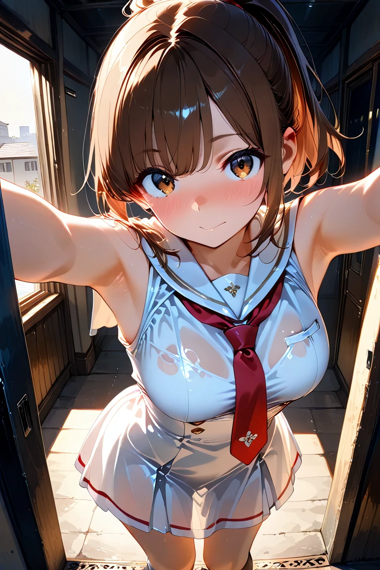 Ample breasts、Sitting on the school steps,(((A clean white sailor that clings to the chest:1.7))),(((A woman wearing a clean sailor suit:1.7 ))), Shiny light brown and orange striped short hair,Cute Smile,Perfect round face,A bright smile that makes everyone happy,Proper body balance,Tabletop,Ultra-high quality output images,High resolution,Intricate details,Very delicate and beautiful hair,Realistic photos,dream-like,Professional Lighting,Realistic Shadows,Focus Only,Beautiful Hands,Beautiful fingers,Detailed functions of the fingers,Detailed characteristics of the garment,Detailed characteristics of hair,Detailed facial features,(((Accentuate your breasts:1.3))),(Dynamic Angle),(Dynamic and sexy pose),Laughter、Cute round face,,(Tabletop,highest quality,Ultra-high resolution output image,) ,(8K quality,),(Sea Art 2.0 mode:1.3),(Picture Mode Ultra HD,)