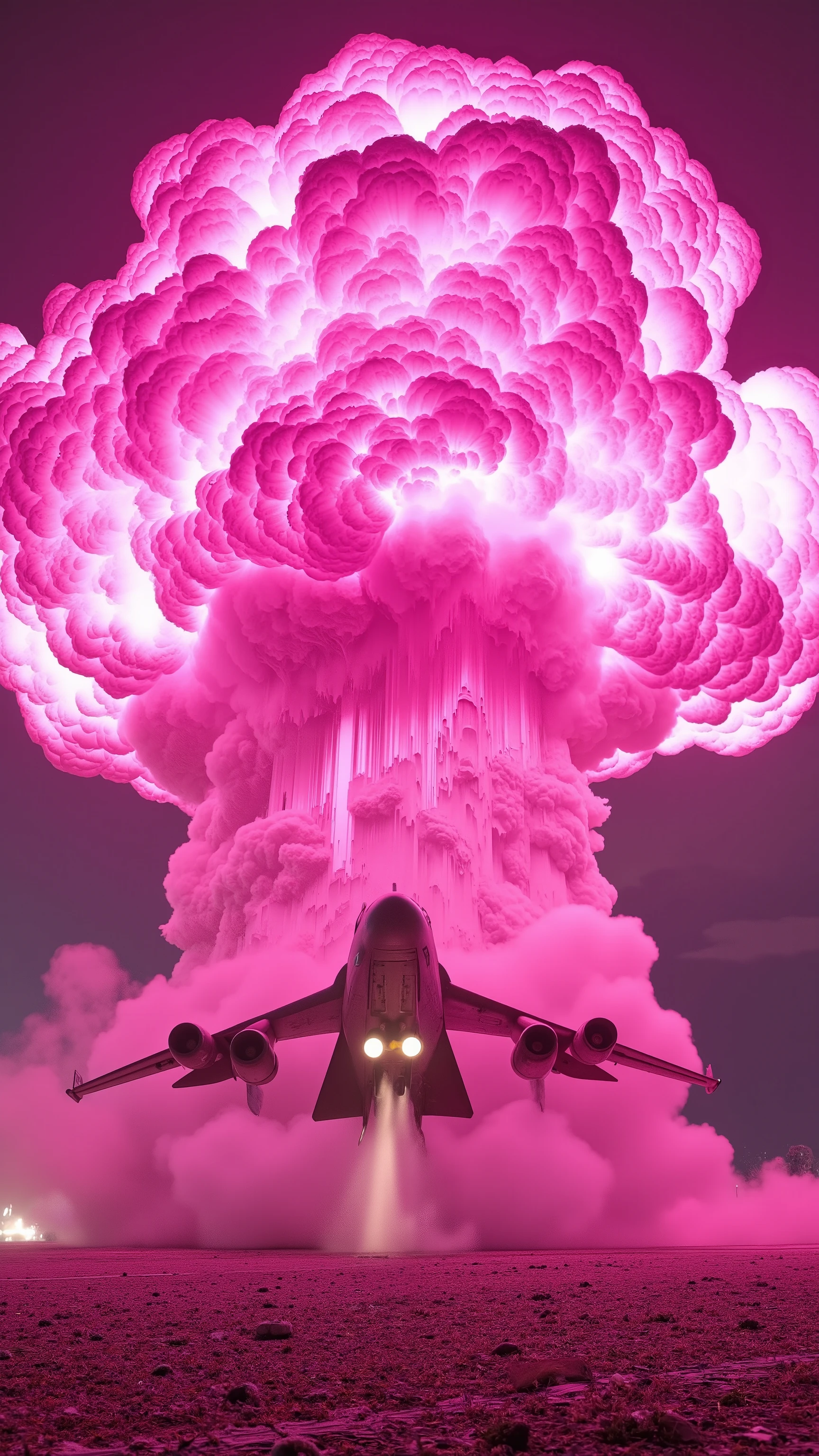 A nostalgic, retro cyber-kamikaze plane painted pink explodes!
The intense shockwave distorts space-time.