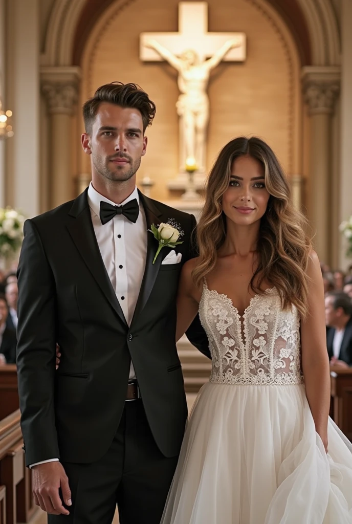 (Muscular:1.5), one male, one female, (female taller than male), bokeh, (two piece wedding dress), fully body view, split dress, abs, (visible abs), church, pews, detailed eyes, (athletic body:1.2), (muscular body:1.4), (looking at viewer) (Bulky:1.3), (smiling:1.4), dark studio, rim lighting, two tone lighting, dimly lit, low key (DETAILED SKIN), (groom), (skinny groom), walking down the aisle, (holding hands), crowd