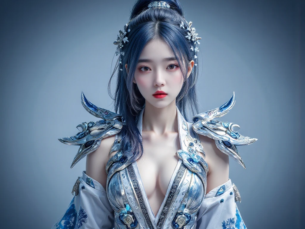 beautiful girl, Age 22 years,  Beautiful face like an angel, Red Lipstick Mouth, tie the back of the hair, ponytail hairstyle, long ponytail, , gasp, Make a dumbfounded face, Make a funny face,  top eyelet painted blue, Left hand grips right arm, The right arm attaches to the torso., very beautifulๆ, very beautiful, Raise your hands up, close your mouth, Skin as white as snow, very white, Wolf Cut hair style, slide hair, pony tail, for short hair, Sea blue snowflakes with a slight white insert, มีblue hairแทรกหนึ่งเส้น, releases cold vapors., Japanese Girl,  walking puffer, Model Gait, Blue hair , blue hair, full black outer eyepiece, Silver-blue inner eye, huge breasts, wearing black high heels, Revealing the cleavage, Wear a black evening dress., ชุดราตรีงานเลี้ยงสีดำสุดsexy, Silver Embellished Shoulder Armor,  big hips, Big Butt, ก้นvery beautiful, very white, Stagnant, Noble aura, arrogant face, proportions,  small waist ,  big hips, Turquoise Flame Floating Out, sexy, blue background, daytime, full body model , full body,  whole image, images, Masterpiece ,movies,resolution 8k, clear details, side view.