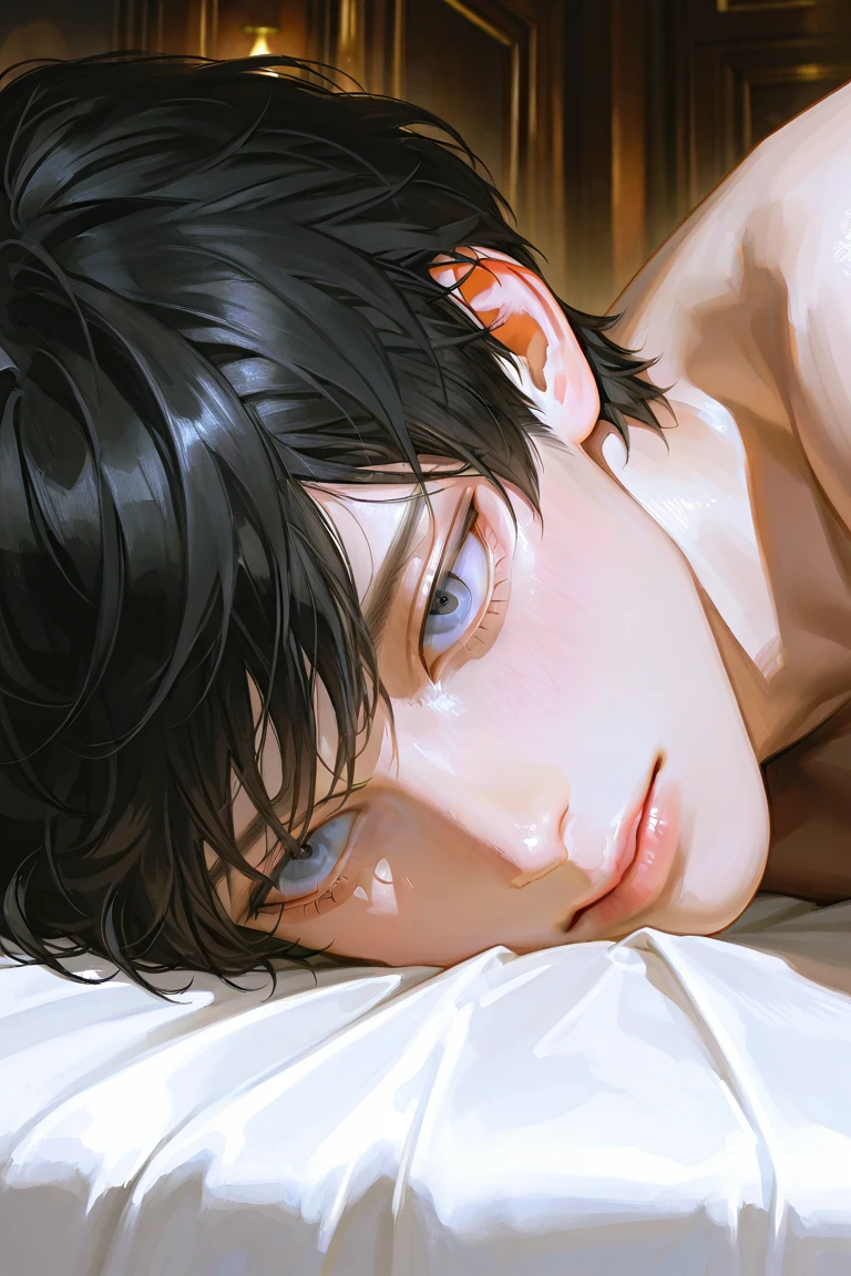Ultra detailed, highres, absurdres, HDR, master piece, Fushiguro Touji, black straight hair, expressive green eyes, black tight shirt, Jujutsu Kaisen, handsome, sexy man, solo, toned chest, shining, white baggy pants, best quality, extremely detailed face and eyes, lying down on a bed, red sheets, hugging a white pillow,