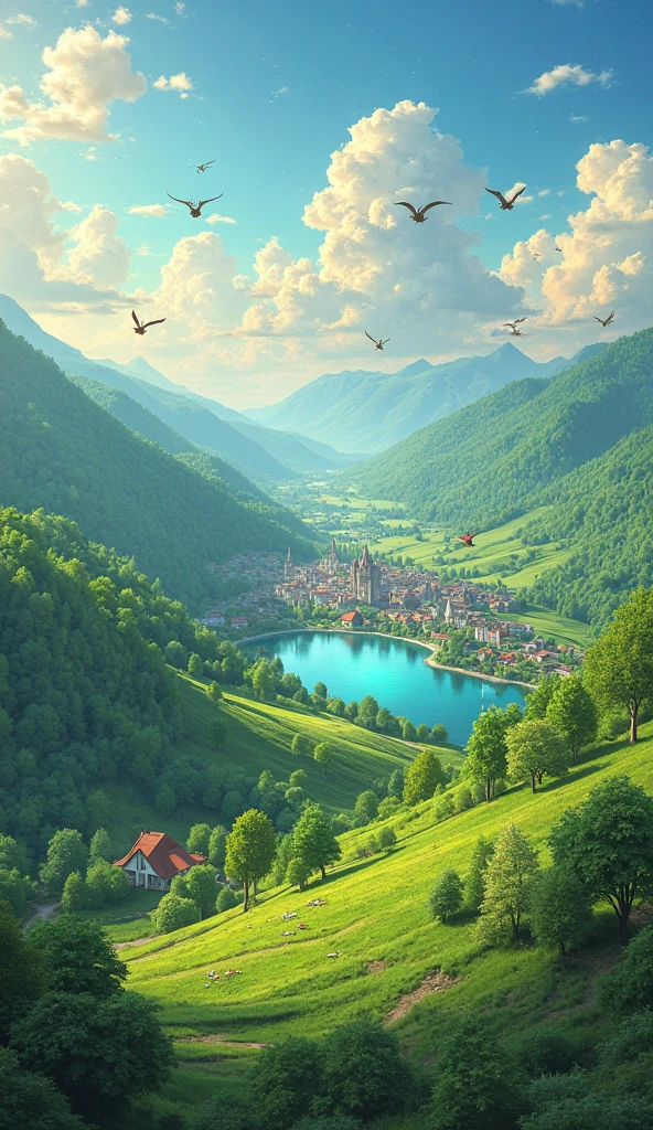 a beautiful ghibli-style landscape, rolling green hills, lush forests, a tranquil lake, a picturesque village nestled in the valley, magical creatures flying through the sky, warm afternoon sunlight, vibrant colors, intricate details, masterpiece,4k,ultra-detailed,realistic,photorealistic,HDR,studio lighting,physically-based rendering,vivid colors,bokeh
