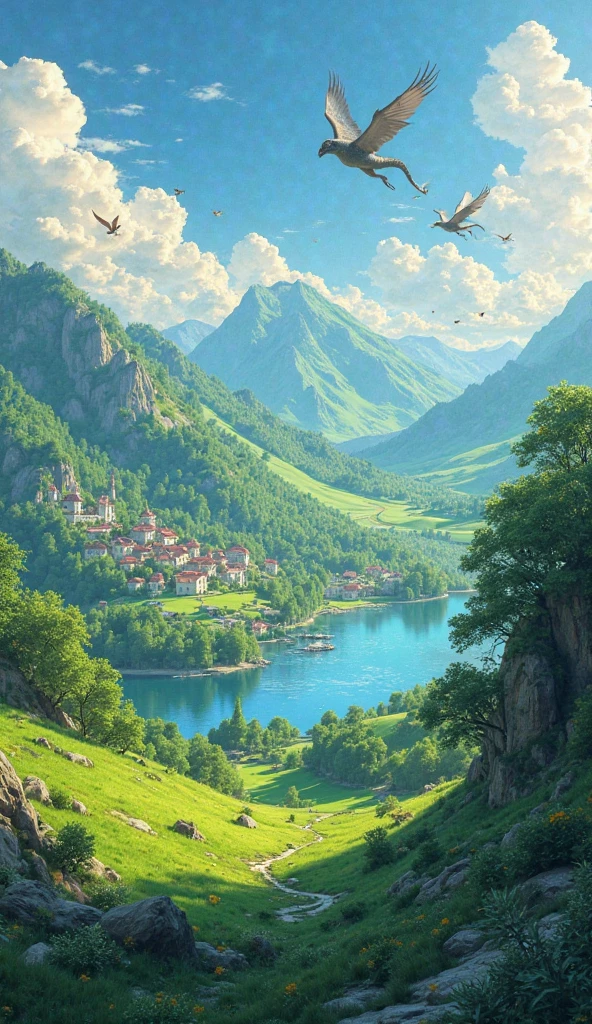 a beautiful ghibli-style landscape, rolling green hills, lush forests, a tranquil lake, a picturesque village nestled in the valley, magical creatures flying through the sky, warm afternoon sunlight, vibrant colors, intricate details, masterpiece,4k,ultra-detailed,realistic,photorealistic,HDR,studio lighting,physically-based rendering,vivid colors,bokeh