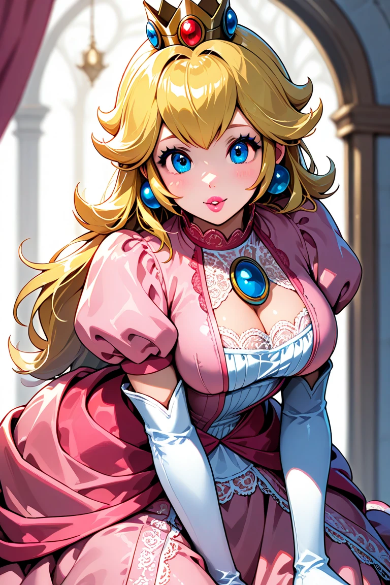 ((ohwx woman)) princess peach, enthousiast, charismatic, blonde hair, large blue eyes, long hair, crown, dress, gem, gloves, pink dress, puffy short sleeves, puffy sleeves, short sleeves, white gloves, Princess castle, Super Mario World, outdoor, perfect fingers,