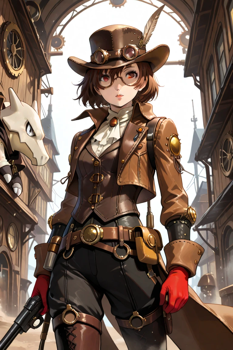 (Masterpiece ), (Best Quality), (highly detailed), (8k Resolution), (Persona 5 art style), (Steampunk), gunslinger, Marowak Pokémon, wild west