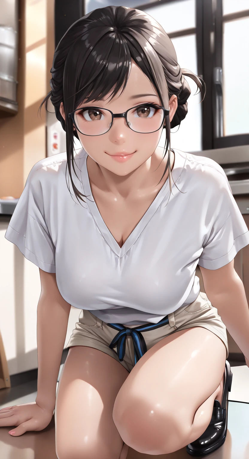 (solo, 1girl, short hair, uchiha sarada, glasses, (black eyes), sarada uchiha),masterpiece, best quality, 1girl,beidoudef, moist skin, detail skin, tank top, ghibli style, (((boobs hanging out)))), (blush:1.2), (sitting:1.1), barefoot, (kawai, messy room:1.2), cowboy shot, glasses, short hair, black eyes, black hair, flowers, slim body, sweat, wet, sweat body, wet clothes, see through, on the floor, (Original, small breasts, 1girl, solo), (very detailed wallpaper) , (best quality) , (work of art) ,struggling posture, artistic dedication, very detailed illustrations, (pink lipstick) , beautiful eyes, (Delicate Face) , perfect detail, (best lighting ), (super complex details), ((Alone, Sarada Uchiha, ((black eyes, pink lipstick, small breasts)), (wearing glasses, short hair, serious facial expression), confident))