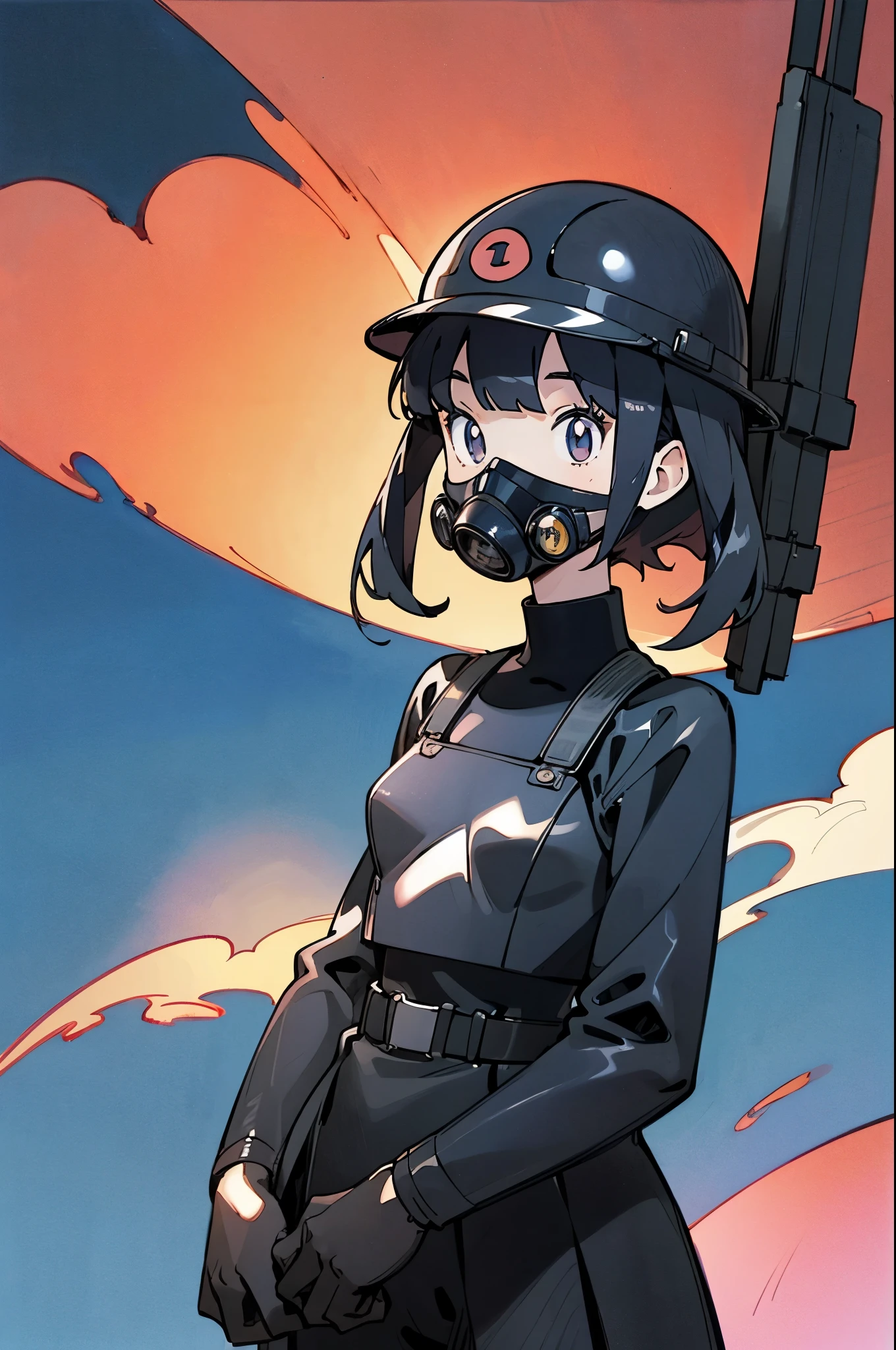 by Ken Sugimori, sugimori 1990s, ((only 1woman)), navy wetsuit, helmet, full-face gas mask, ((hands behind their back)), full black pupils, manga, best quality, highly detailed, clean lines, cowboy shot, good hands, good eyes, hd, 8k, professional, symmetrical, hires, 8k,