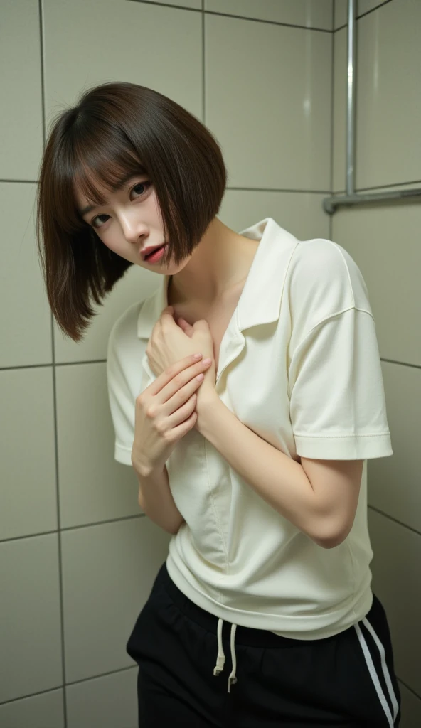 Beautiful Face, Large Bust, Stained grey spats, Bite, T-Shirts, Protruding nipples, Short Bob Cut, Frowning a little,  (Close ~ eyes), Open mouth and panting, 26 years old, She spreads her legs and leaks, joy, Model body type, 
