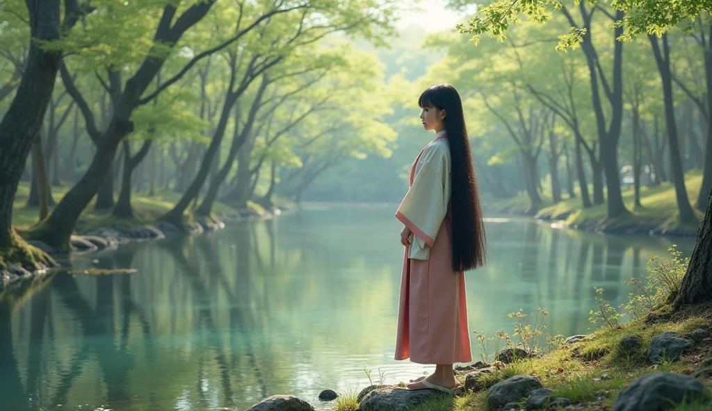 A real Oriental Japanese girl with 18 years old with lush beyond floor length black hair and see her "whole" thin body wearing thick lambswool traditional Wafuku standing next to a lake inside the forest, must see her whole body. The scenario of forest shows spring view. This graph MUST see girl's "whole thin body", including facial expression like smile, black eye, nose, hands, legs, wearing thick lambswool traditional Wafuku, chest, buttock, with lush beyond floor length black hair, legs and shoes and whole bodies. REAL girl must has "body, legs, foot, "LUSH BEYOND FLOOR length hair and face with humanity smile and body" with streamline. Show her front side with happy smile and lush beyond floor length black hair.