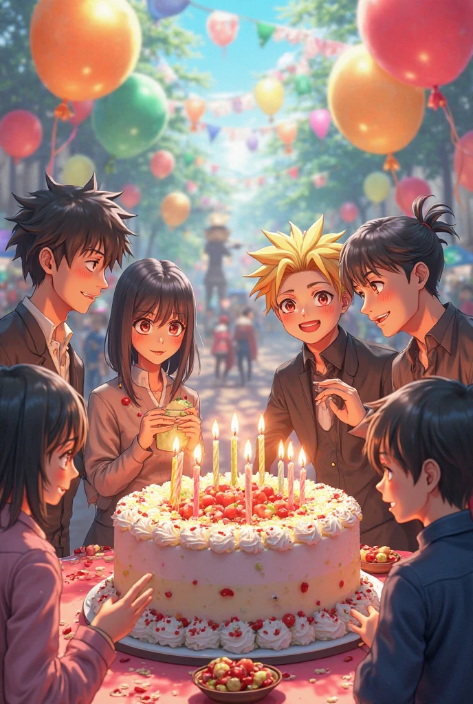 Create 3d image of anime characters sung Jin woo mashle miky takemichi jinga hagami Naruto isagi Sasuke Eren Yeager umemiya  are in Kamado tanjiro birthday party
