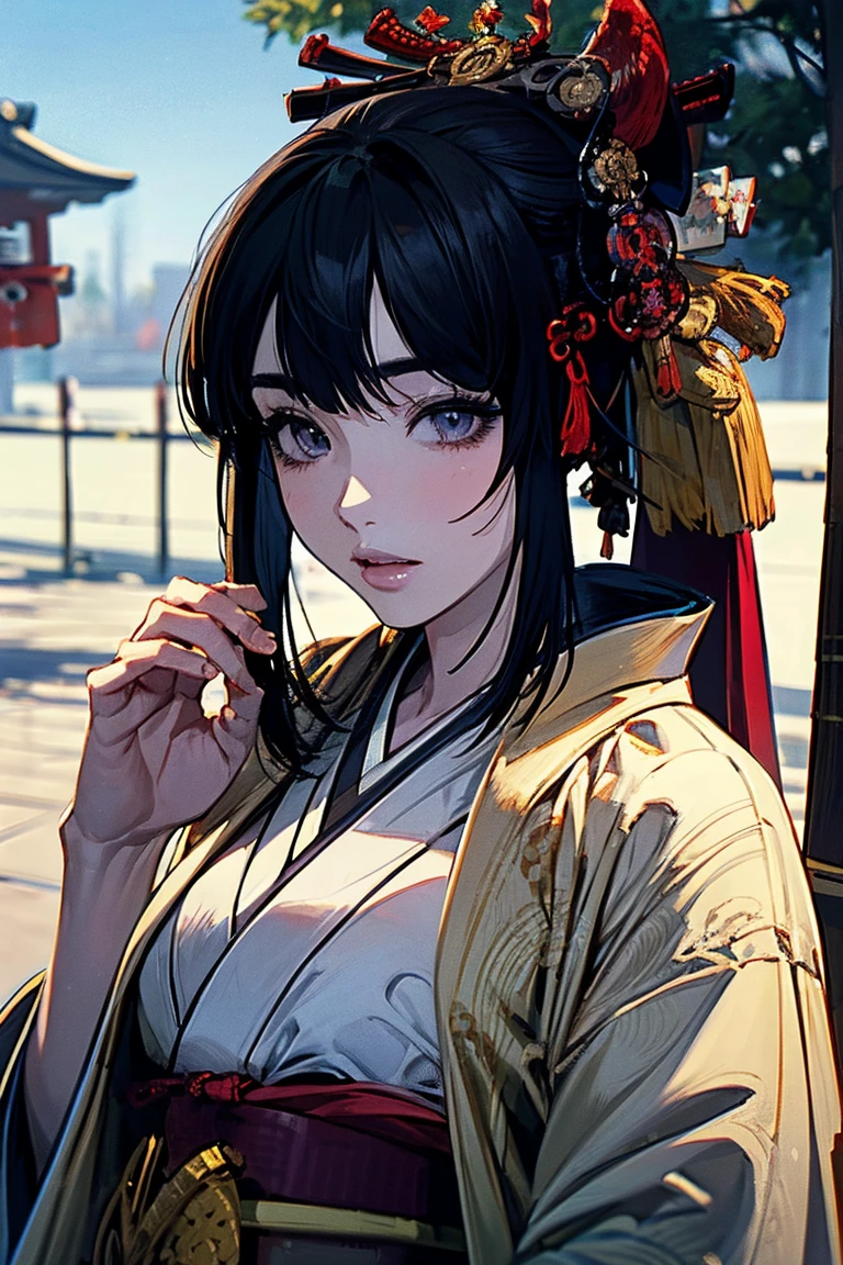 (masterpiece:1.5),beautiful hair,Beautiful Eyes,beautiful lips,Beautiful slender body,Big Breasts,cleavage,(Konno Anna:1.2),(Riho Yoshioka:1.1),(in the Imperial Court:1.3),(Riverside:1.4),bust illustration from the front ,((((the most beautiful woman in the world:1.7)))),(((( kimono,jacket,Taisho Romance:1.5)))),((19-year-old single woman holding a fish in her hand:1.1)),(accurately depicted anatomically correct hands:1.1)black hair,long lashes,Three-dimensional, jewel-like eyes,Very delicate and beautiful CG,2. 5D illustration, Anatomically Accurate Body, (very precise illustration:1.1),(Outdoors:1.4), (wallpaper:1.4),8k