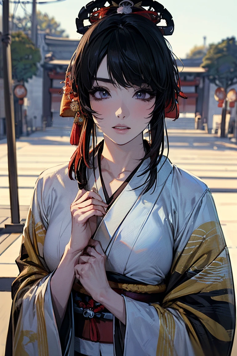 (masterpiece:1.5),beautiful hair,Beautiful Eyes,beautiful lips,Beautiful slender body,Big Breasts,cleavage,(Konno Anna:1.2),(Riho Yoshioka:1.1),(in the Imperial Court:1.3),(Riverside:1.4),bust illustration from the front ,((((the most beautiful woman in the world:1.7)))),(((( kimono,jacket,Taisho Romance:1.5)))),((19-year-old single woman holding a fish in her hand:1.1)),(accurately depicted anatomically correct hands:1.1)black hair,long lashes,Three-dimensional, jewel-like eyes,Very delicate and beautiful CG,2. 5D illustration, Anatomically Accurate Body, (very precise illustration:1.1),(Outdoors:1.4), (wallpaper:1.4),8k